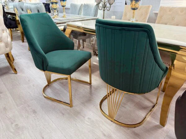 Lasco Green & Gold Upholstered Dining Chair Side View with Metallic Frame from Solid Furniture UK