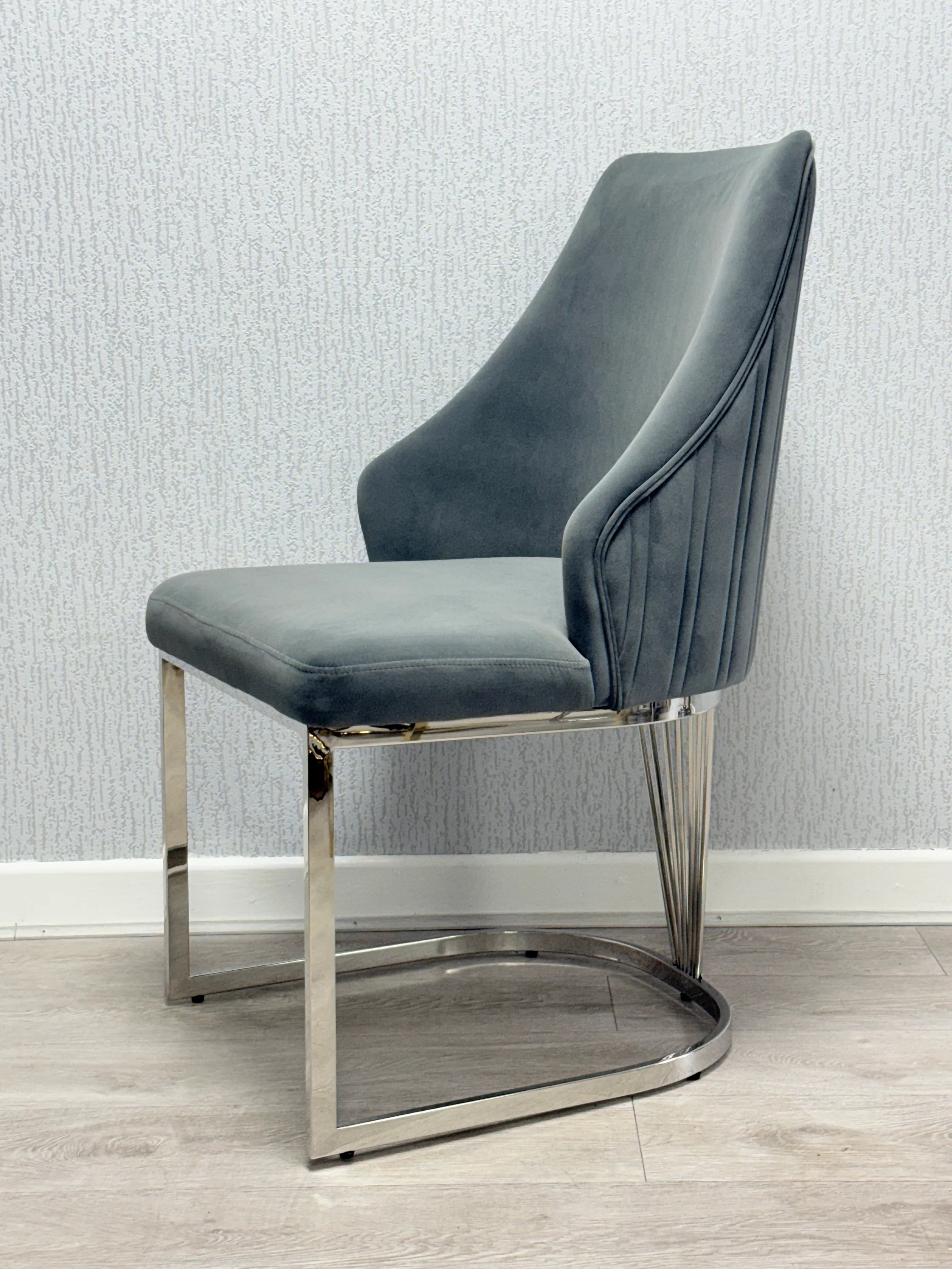Lasco Grey & Silver Upholstered Dining Chair Side View with Metallic Frame from Solid Furniture UK