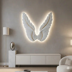 White LED wings wall art inspired by angel wings, made from resin with soft ambient lighting, wall-mounted, size 93 x 88 cm by Solid Furniture UK.