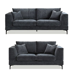 Lenox 3+2 seater sofa in steel grey velvet, mid-century modern living room seating solid furniture UK