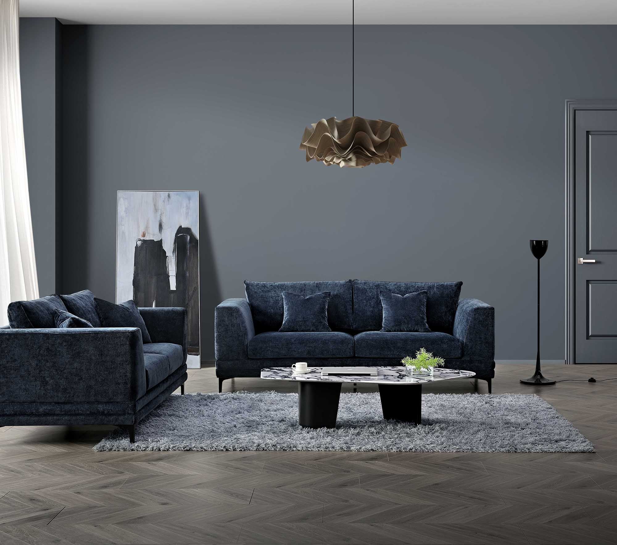 Lenox sofa in Aegean blue velvet upholstery with wooden plinth base – modern 2 seater and 3 seater velvet sofa solid furniture UK