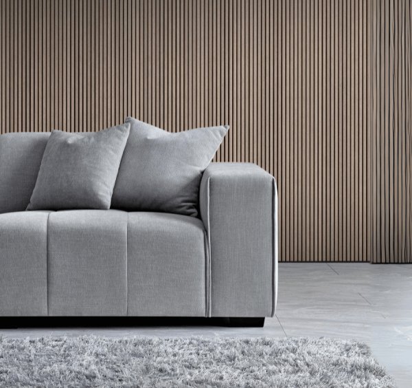 Front view of Leonard cloudy grey bouclé left hand corner group sofa - SOLID FURNITURE LTD