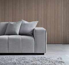 Front view of Leonard cloudy grey bouclé left hand corner group sofa - SOLID FURNITURE LTD