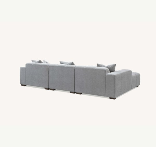 Angled view of Leonard cloudy grey bouclé modular corner sofa- SOLID FURNITURE LTD