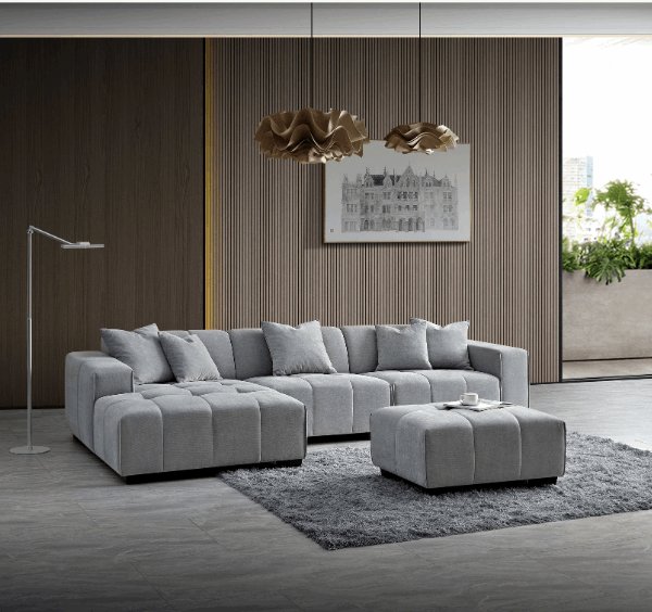 Leonard left hand corner sofa in cloudy grey bouclé fabric modern modular living room sofa - SOLID FURNITURE LTD