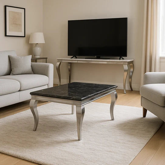 Lewis 1.2m black marble coffee table with chrome frame styled in a modern living room, Solid Furniture UK