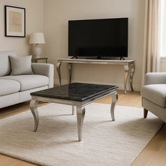 Lewis 1.2m black marble coffee table with chrome frame styled in a modern living room, Solid Furniture UK