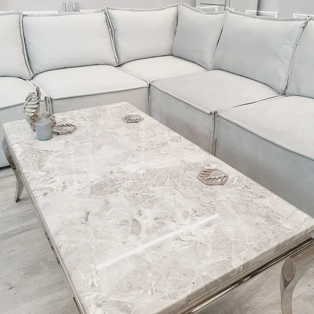 Lewis 1.2m coffee table with cream marble-effect top and chrome frame in a modern living room, Solid Furniture UK