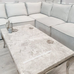 Lewis 1.2m coffee table with cream marble-effect top and chrome frame in a modern living room, Solid Furniture UK