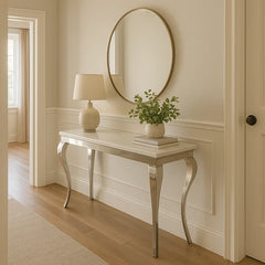 Lewis 1.2m console table with marble top and chrome frame styled in a modern living room, Solid Furniture UK