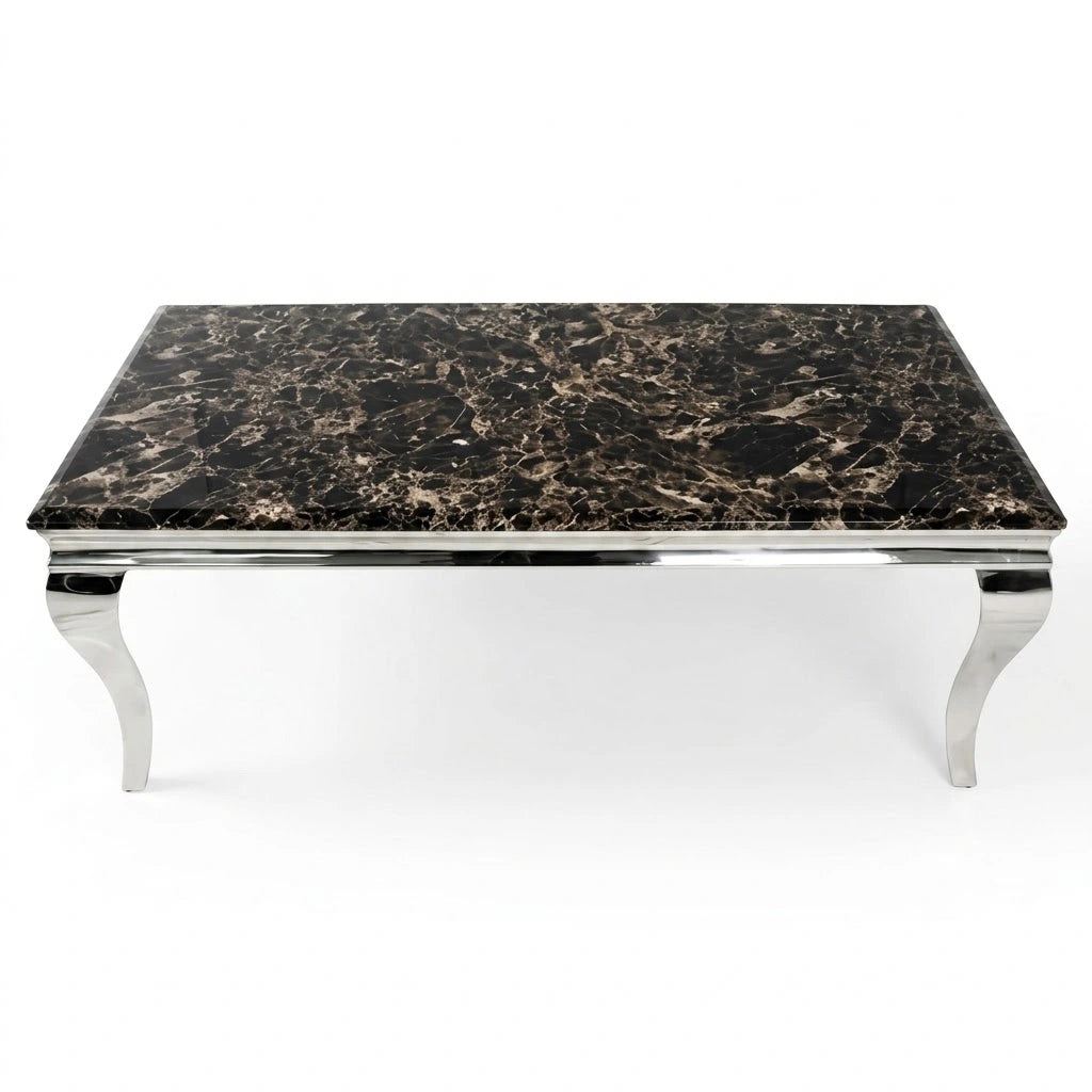 Lewis 120cm coffee table with black marble top and polished chrome frame | Solid Furniture UK