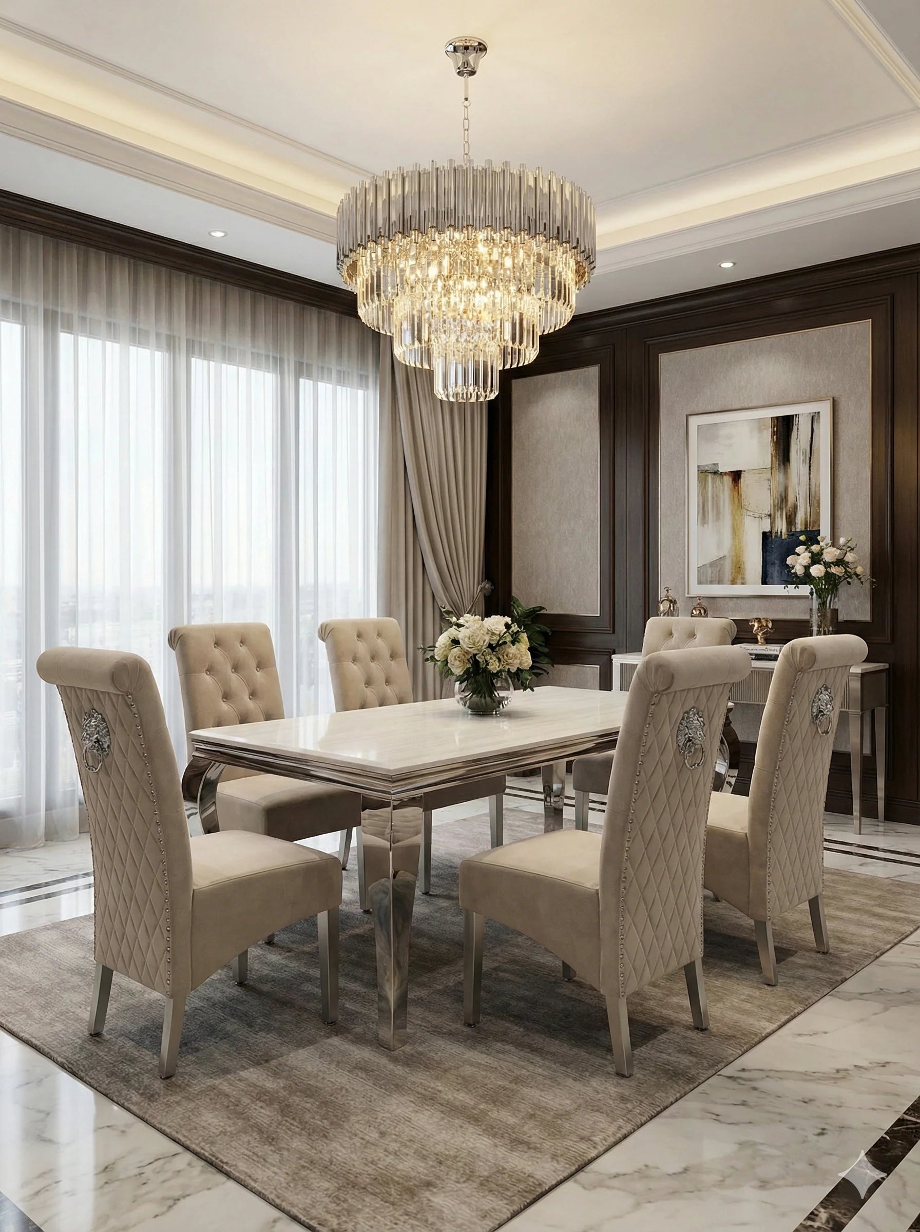 Lewis Chrome Marble Dining Table cream colour – main view from Solid Furniture UK