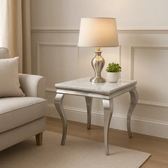 Lewis lamp table with marble-effect top and chrome frame styled beside a sofa in a modern living room, Solid Furniture UK