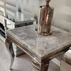 Lewis lamp table top view showing the marble-effect tabletop and polished chrome frame, Solid Furniture UK