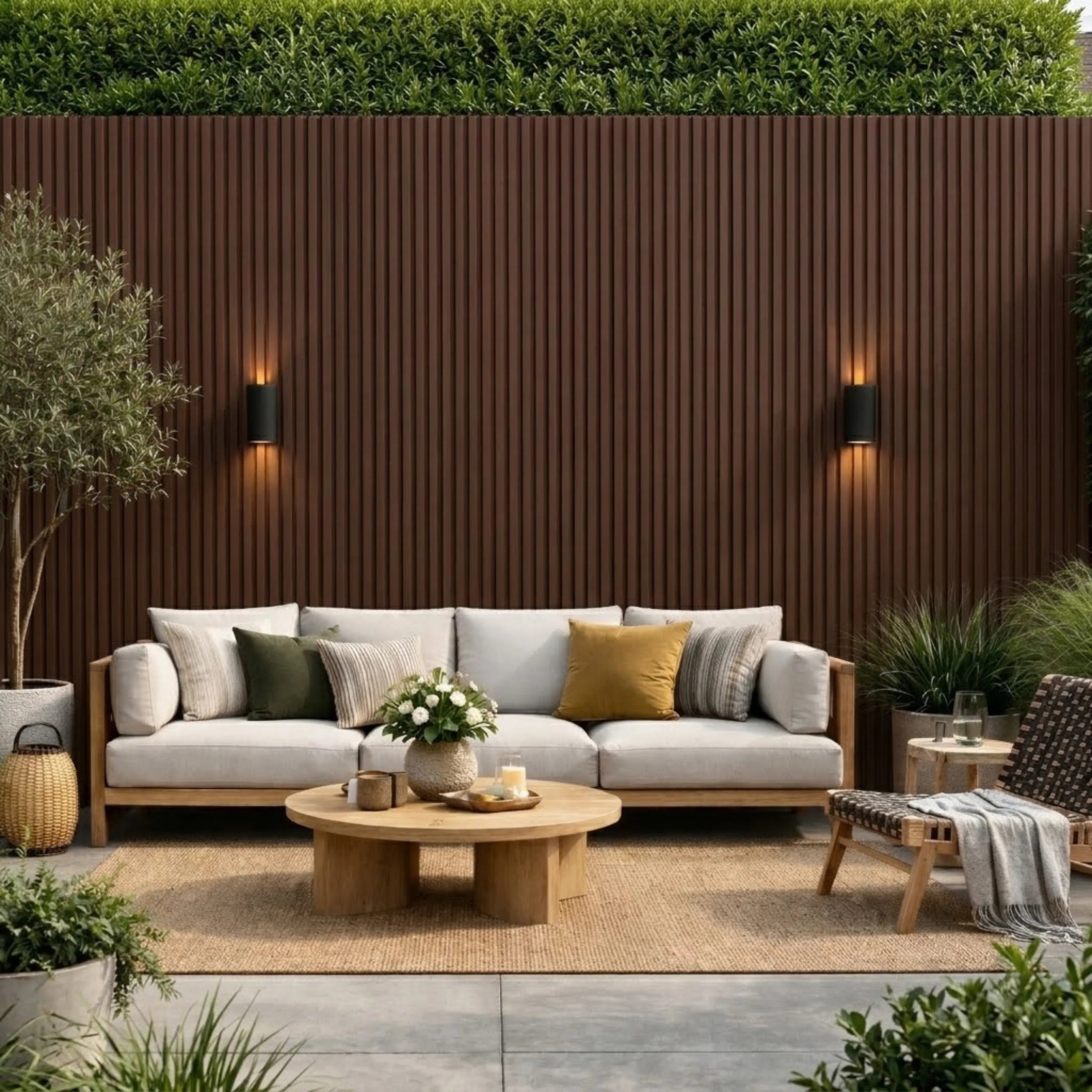 Light brown seamless WPC outdoor wall panels 16×240cm pack of 12 used as decorative garden cladding by Solid Furniture UK