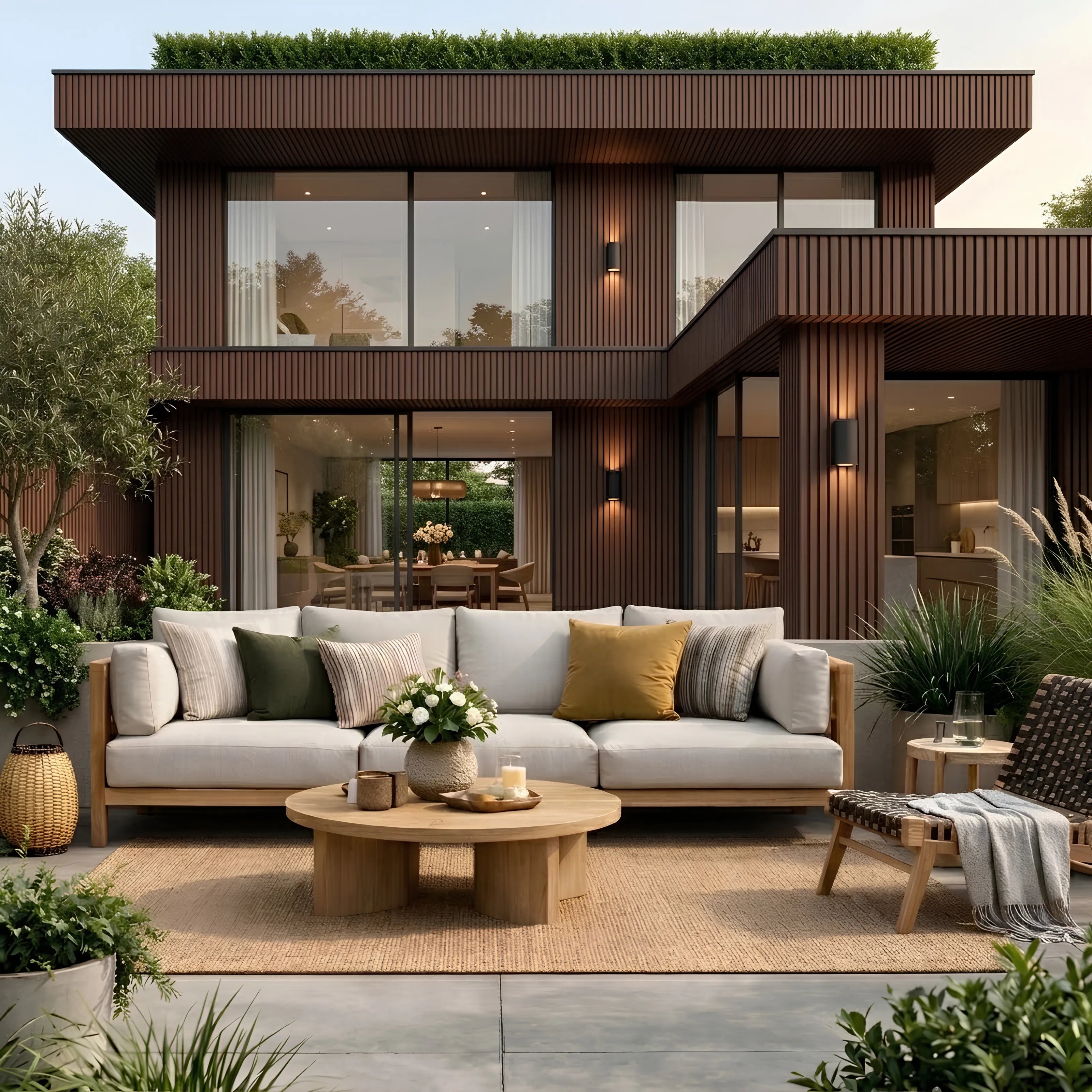Light brown seamless WPC outdoor wall cladding 16×240cm pack of 12 fitted to a two-storey house exterior by Solid Furniture UK