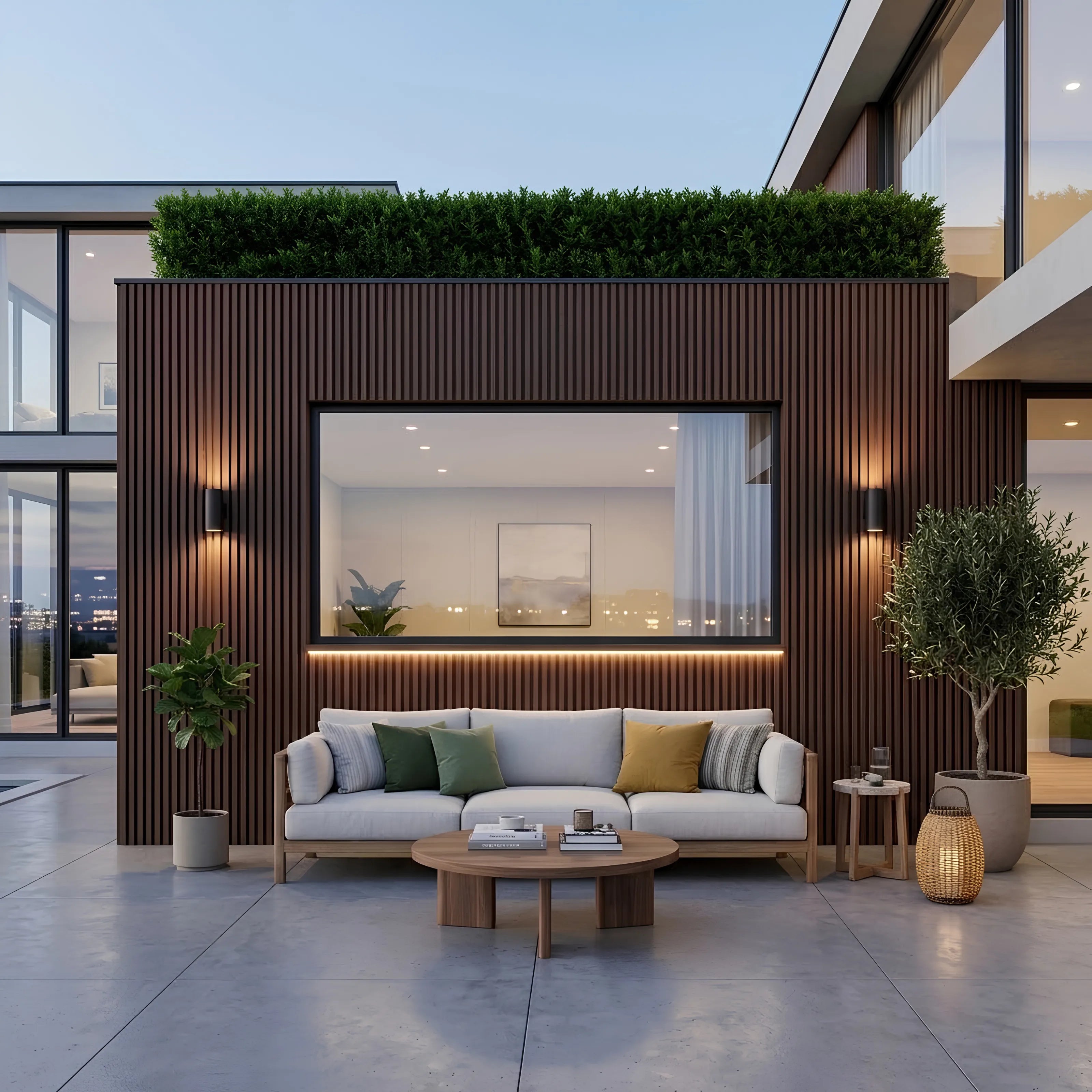 Light brown seamless WPC wall panels 16×240cm pack of 12 installed in an outdoor patio seating area by Solid Furniture UK