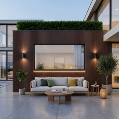 Light brown seamless WPC wall panels 16×240cm pack of 12 installed in an outdoor patio seating area by Solid Furniture UK