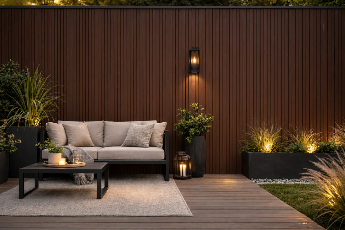Light brown WPC outdoor wall panels 180cm and 290cm installed on exterior wall in the UK by Solid Furniture LTD, ideal for gardens, patios, and balconies