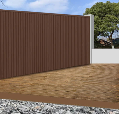 Light brown WPC outdoor wall panels 180cm and 290cm installed in a modern UK garden setting by Solid Furniture LTD, showcasing warm and stylish exterior wall design