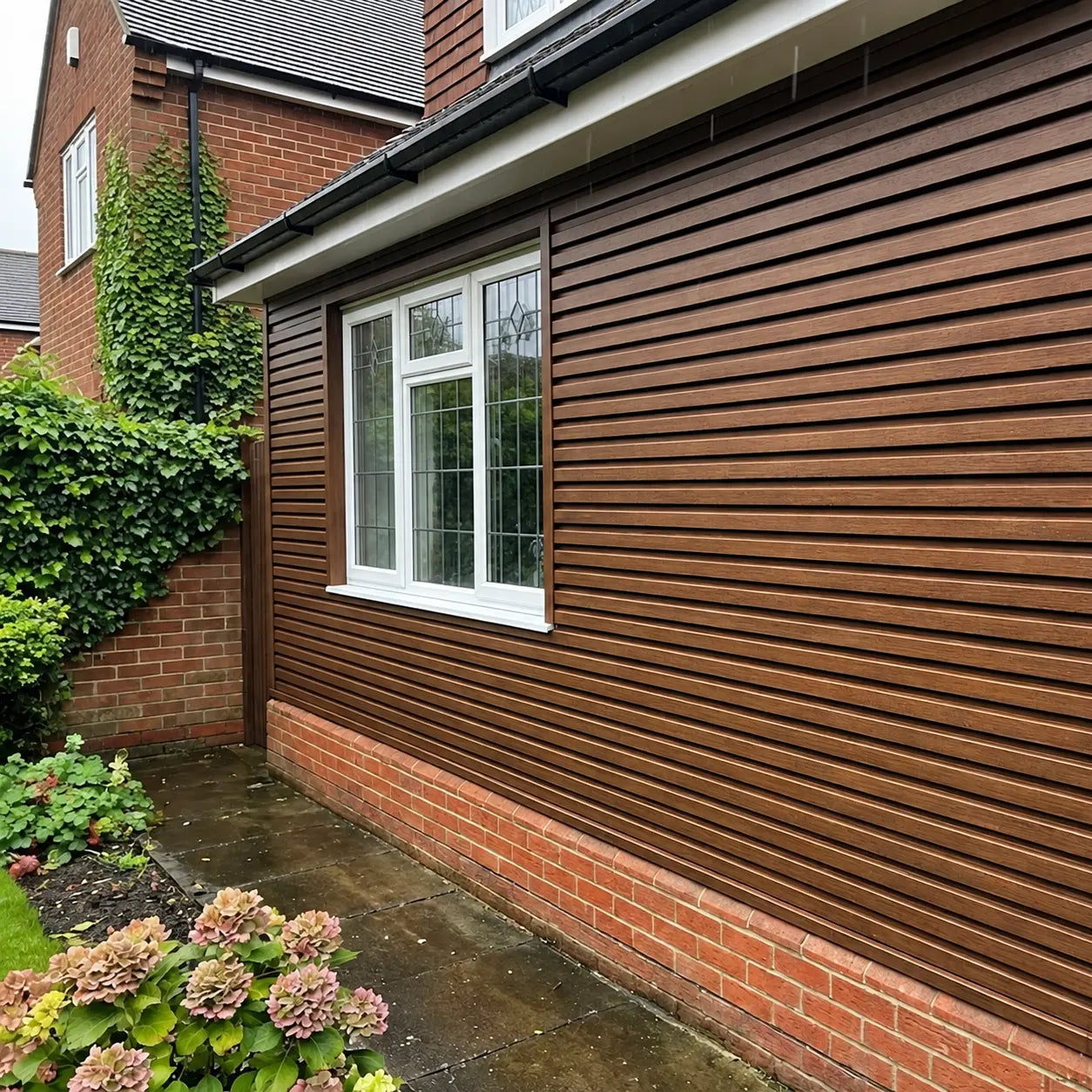 Light Brown Waterproof Exterior WPC Wall Panels 180cm 290cm Installed on Garden Wall Solid Furniture UK
