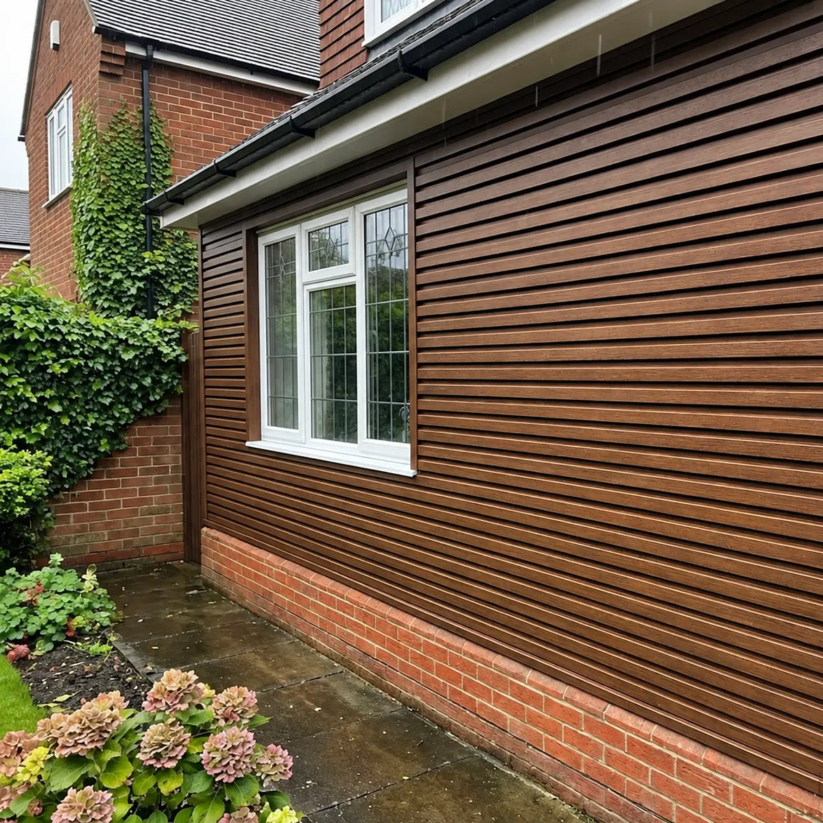 Light Brown Waterproof Exterior WPC Wall Panels 180cm 290cm Installed on Garden Wall Solid Furniture UK