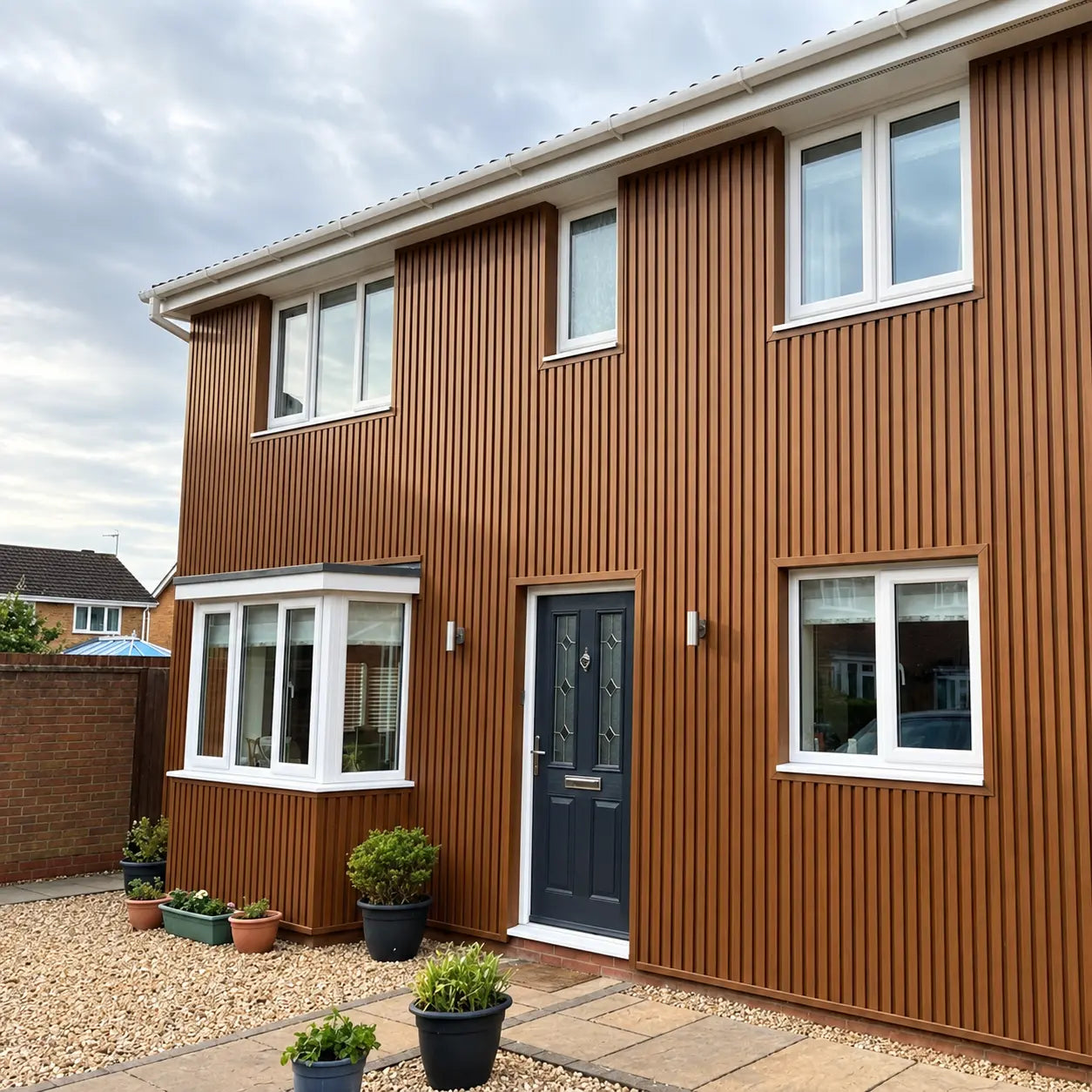 Light Brown Waterproof Exterior WPC Wall Panels 180cm 290cm Installed on House Exterior Solid Furniture UK