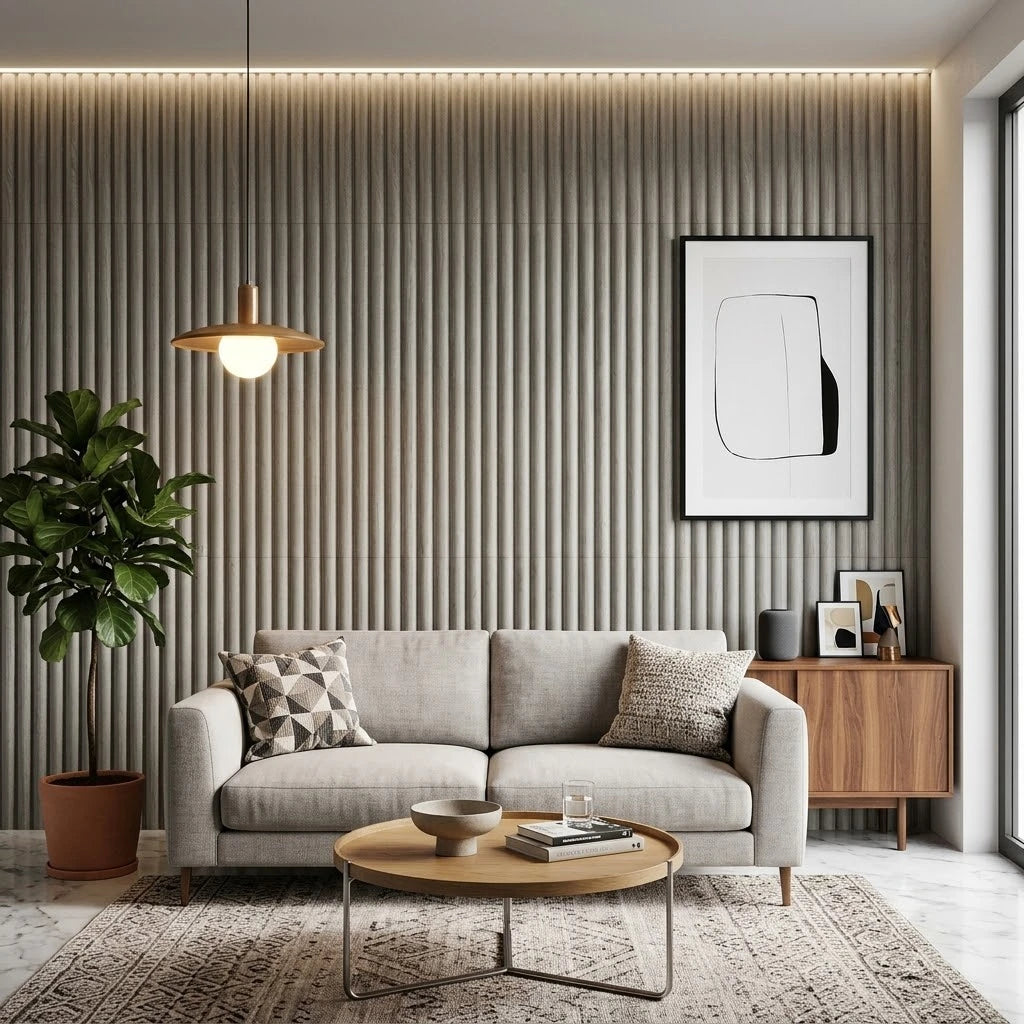 Light Grey Fluted WPC Wall Panels by Solid Furniture UK installed in a stylish living room feature wall