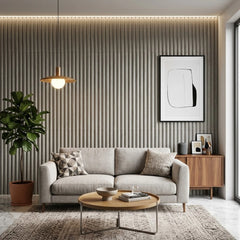 Light Grey Fluted WPC Wall Panels by Solid Furniture UK installed in a stylish living room feature wall