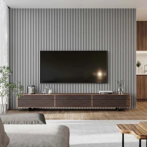 TV lounge in the UK featuring light grey HDF acoustic slatted wall panels 60x240cm by Solid Furniture UK, enhancing sound quality and modern aesthetics.