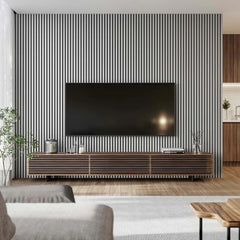 TV lounge in the UK featuring light grey HDF acoustic slatted wall panels 60x240cm by Solid Furniture UK, enhancing sound quality and modern aesthetics.