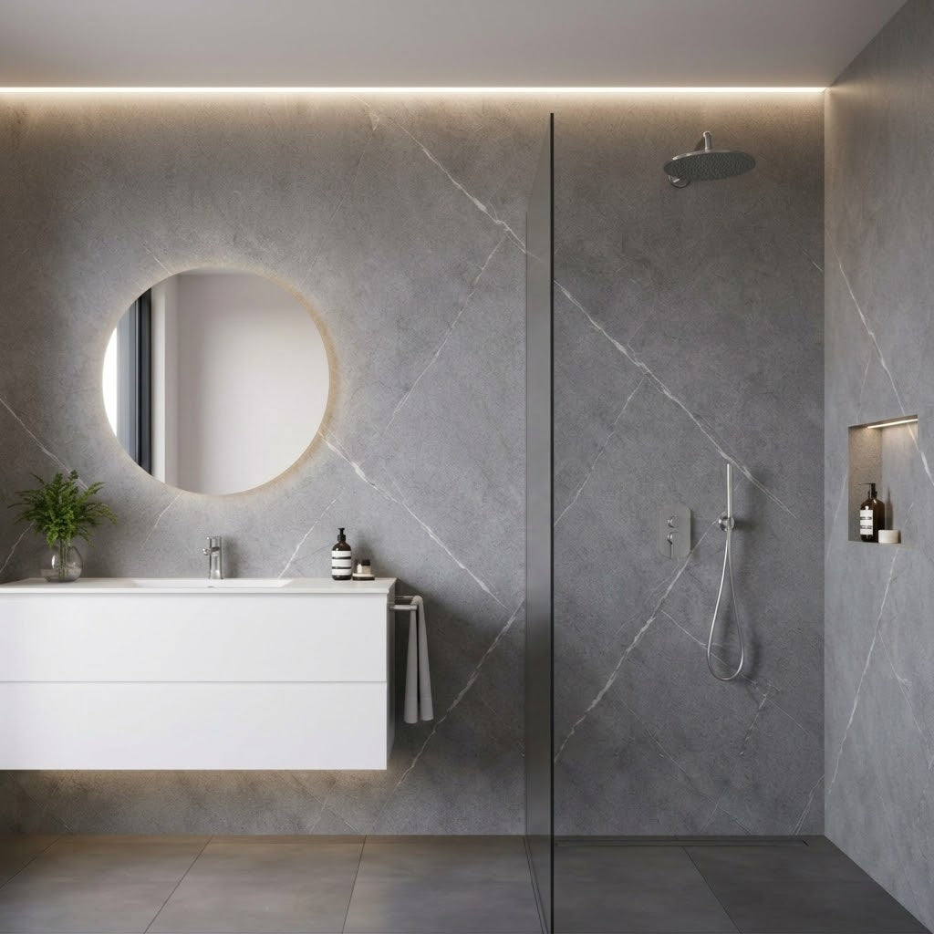 Light Grey Marble PVC Wall Panels 60×240cm installed in a contemporary bathroom from Solid Furniture UK