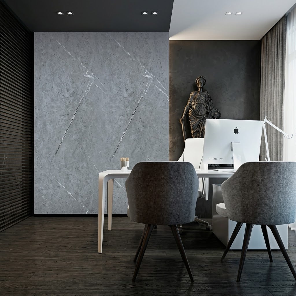 Light Grey Marble PVC Wall Panels 60×240cm installed in a modern office space from Solid Furniture UK