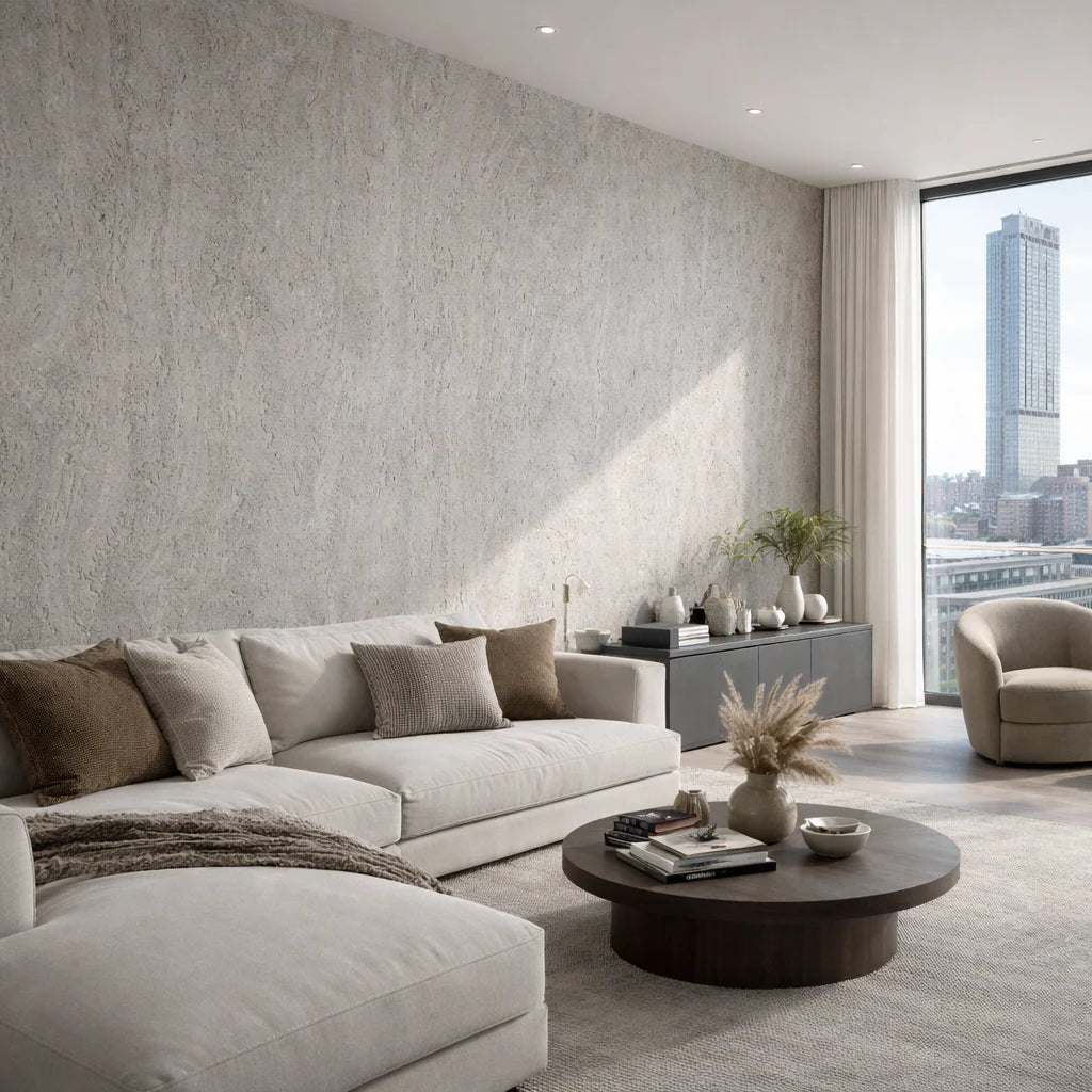 Light Grey MCM Travertine Stone Wall Tiles 120 x 60cm pack of 4 by Solid Furniture LTD installed in living room