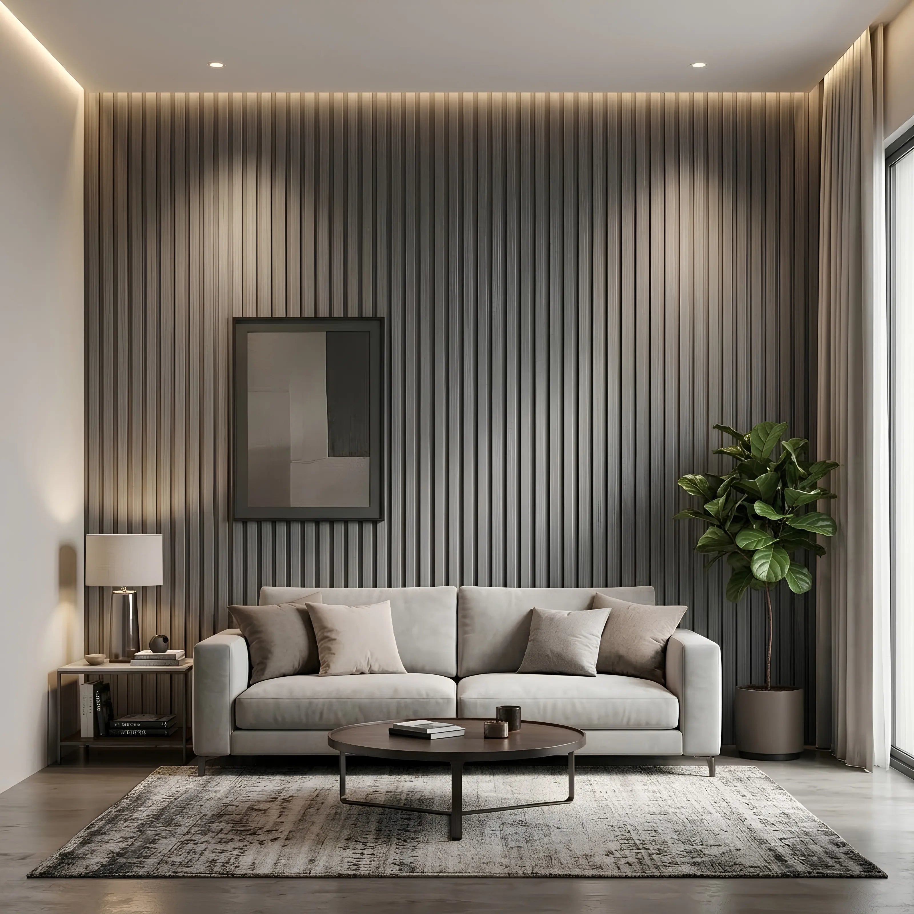 Light grey seamless waterproof WPC wall panels 15×240cm pack of 16 installed in a living room by Solid Furniture UK