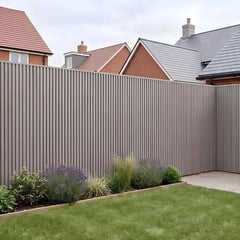 Light grey seamless waterproof WPC wall panels 15×240cm pack of 16 installed on a patio by Solid Furniture UK