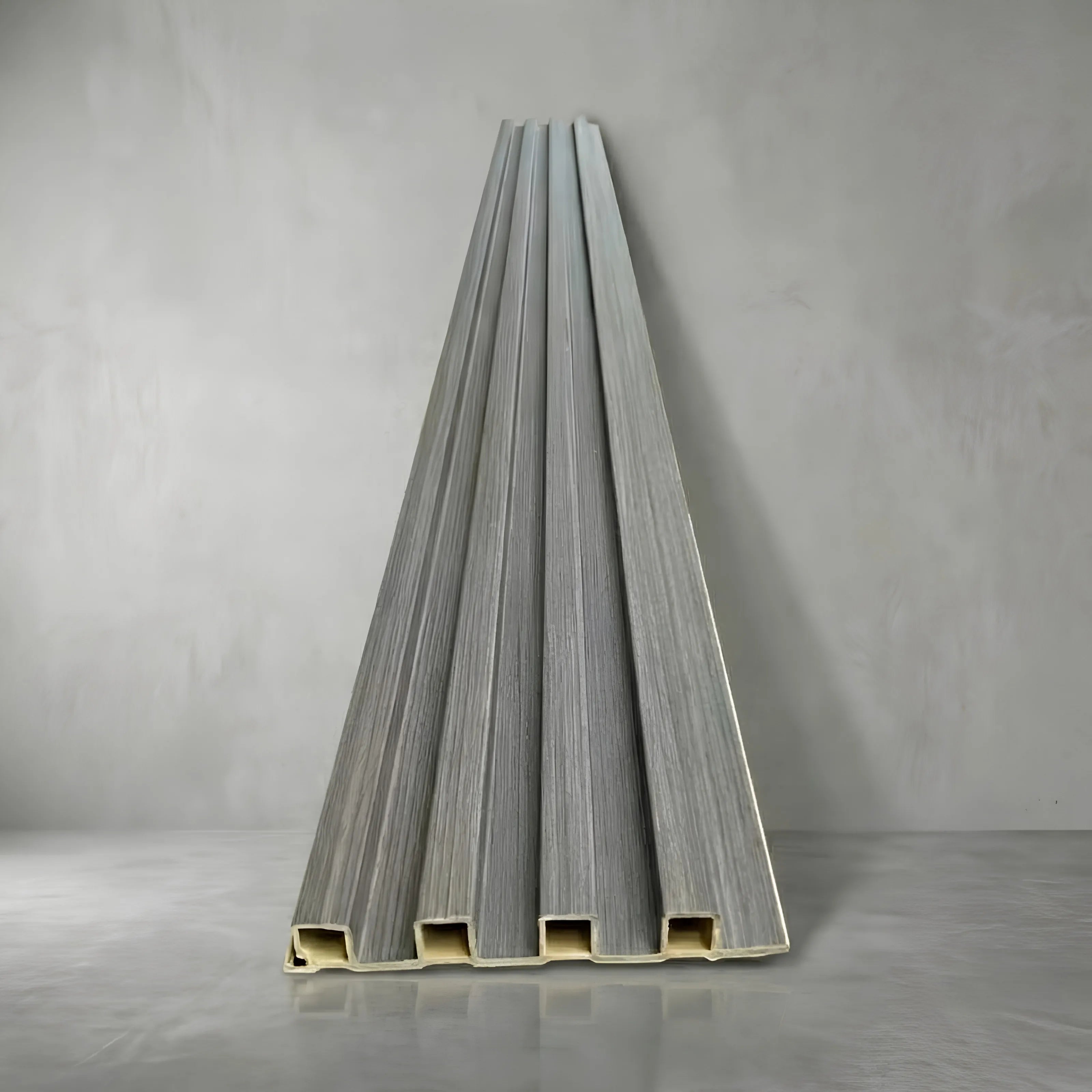 Full view of light grey seamless waterproof WPC wall panels 15×240cm pack of 16 by Solid Furniture UK