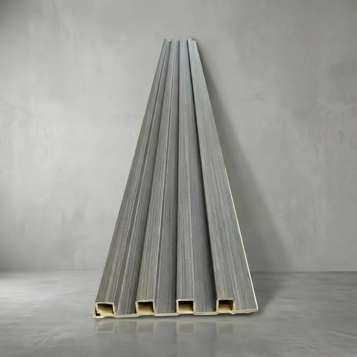 Full view of light grey seamless waterproof WPC wall panels 15×240cm pack of 16 by Solid Furniture UK