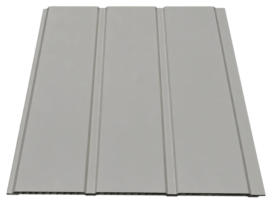 Close-up view of Light Grey WPC interlocking ceiling panels – Solid Furniture UK