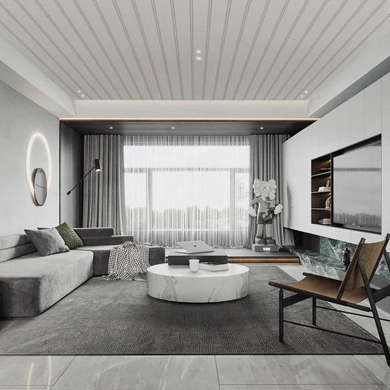 Light Grey WPC ceiling panels installed in a modern living room – Solid Furniture UK