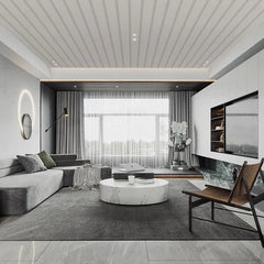 Light Grey WPC ceiling panels installed in a modern living room – Solid Furniture UK