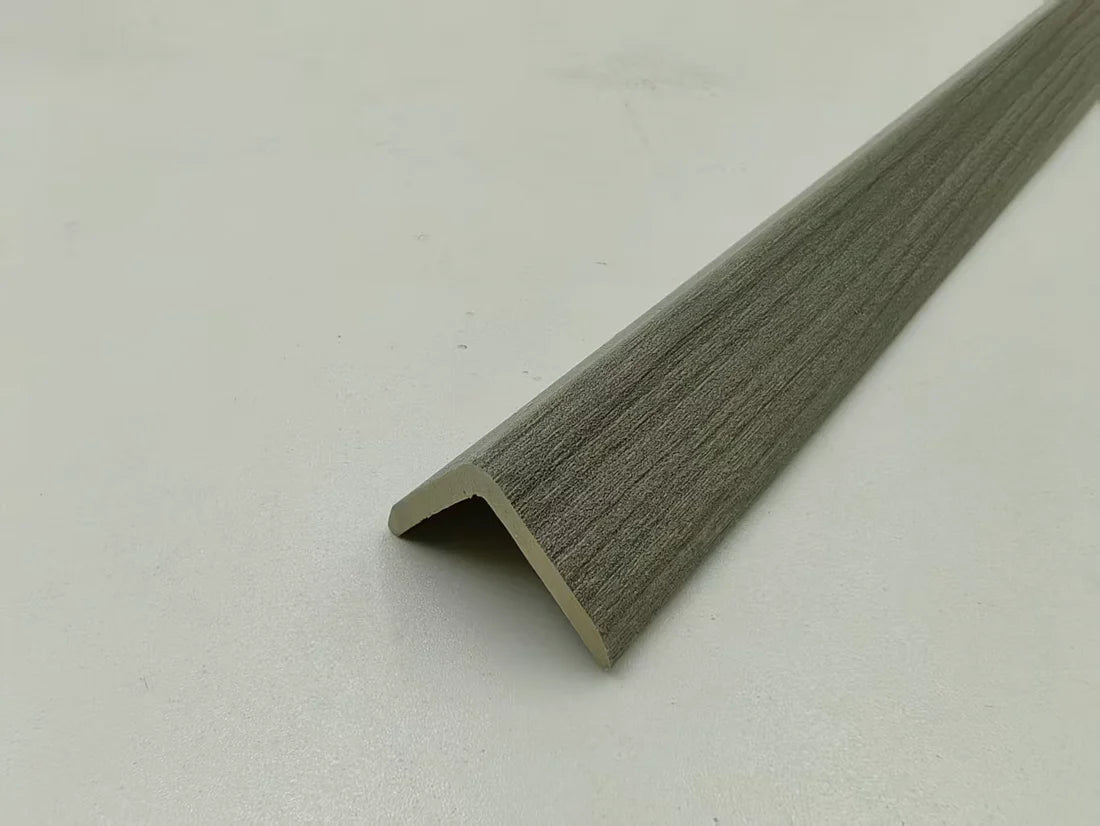 Side view of light grey WPC end trim UK by Solid Furniture LTD highlighting detailed profile shape and durable finish