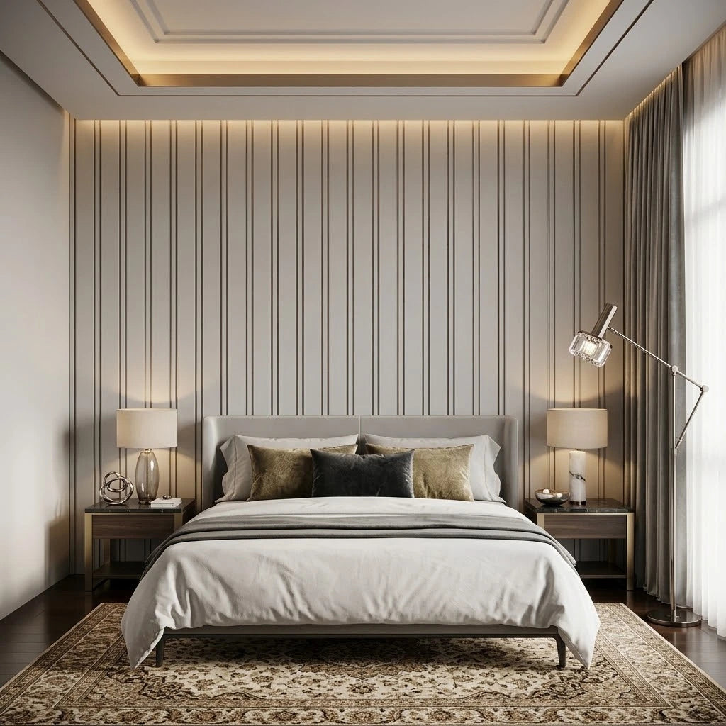 Light Grey WPC multi-width wall panels installed in a modern bedroom by Solid Furniture UK