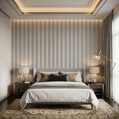 Light Grey WPC multi-width wall panels installed in a modern bedroom by Solid Furniture UK