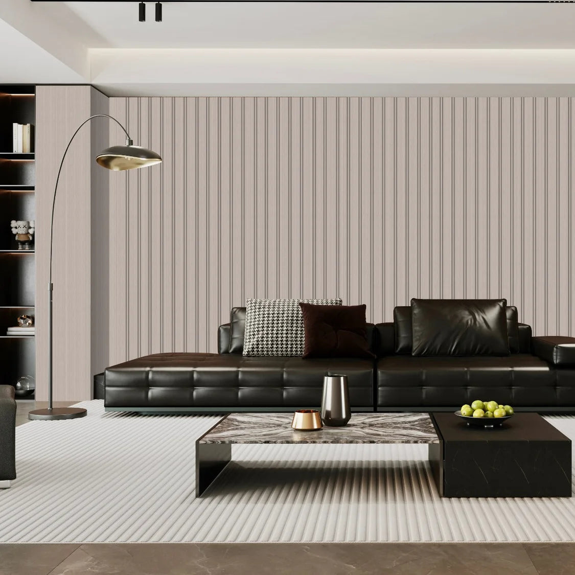 Light Grey WPC multi-width wall panels installed in a modern living room by Solid Furniture UK