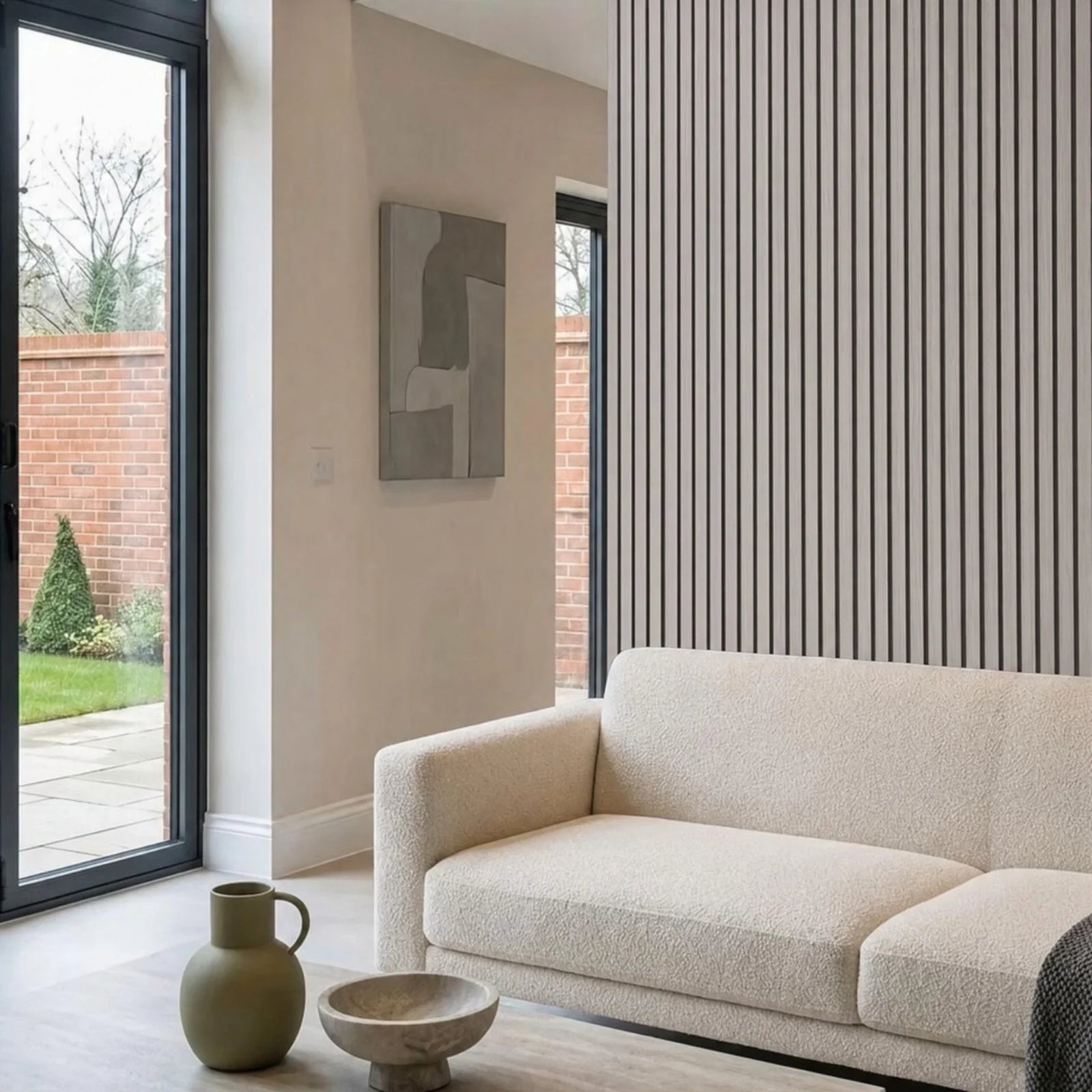 Light grey WPC slatted wall panel 30x240cm installed in living room – Solid Furniture UK