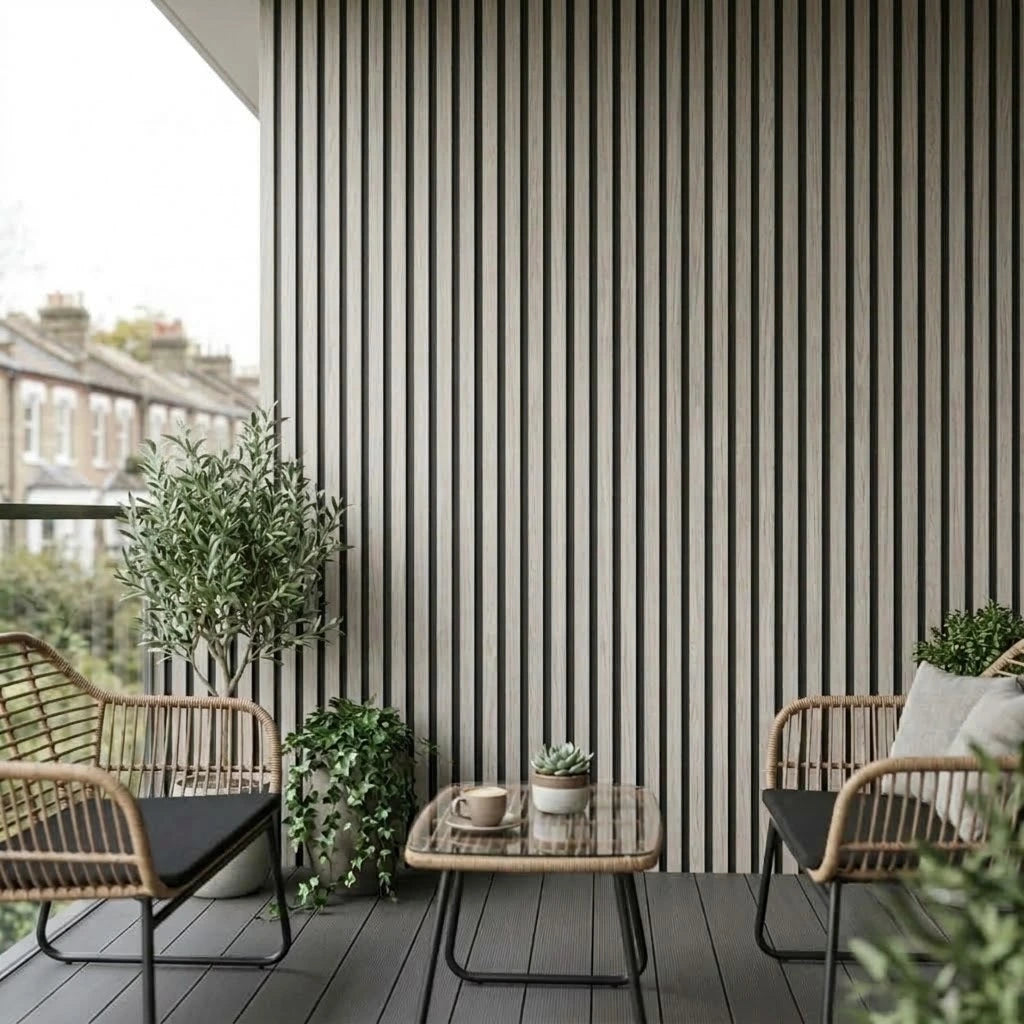 Light grey WPC slatted wall panel 30x240cm installed outdoors – Solid Furniture UK