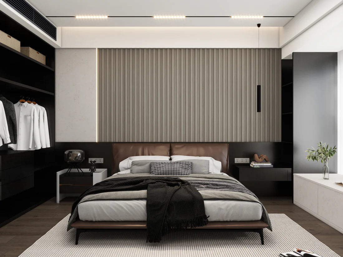 Interior room featuring installed light grey WPC wall panels UK by Solid Furniture LTD creating a stylish modern feature wall effect