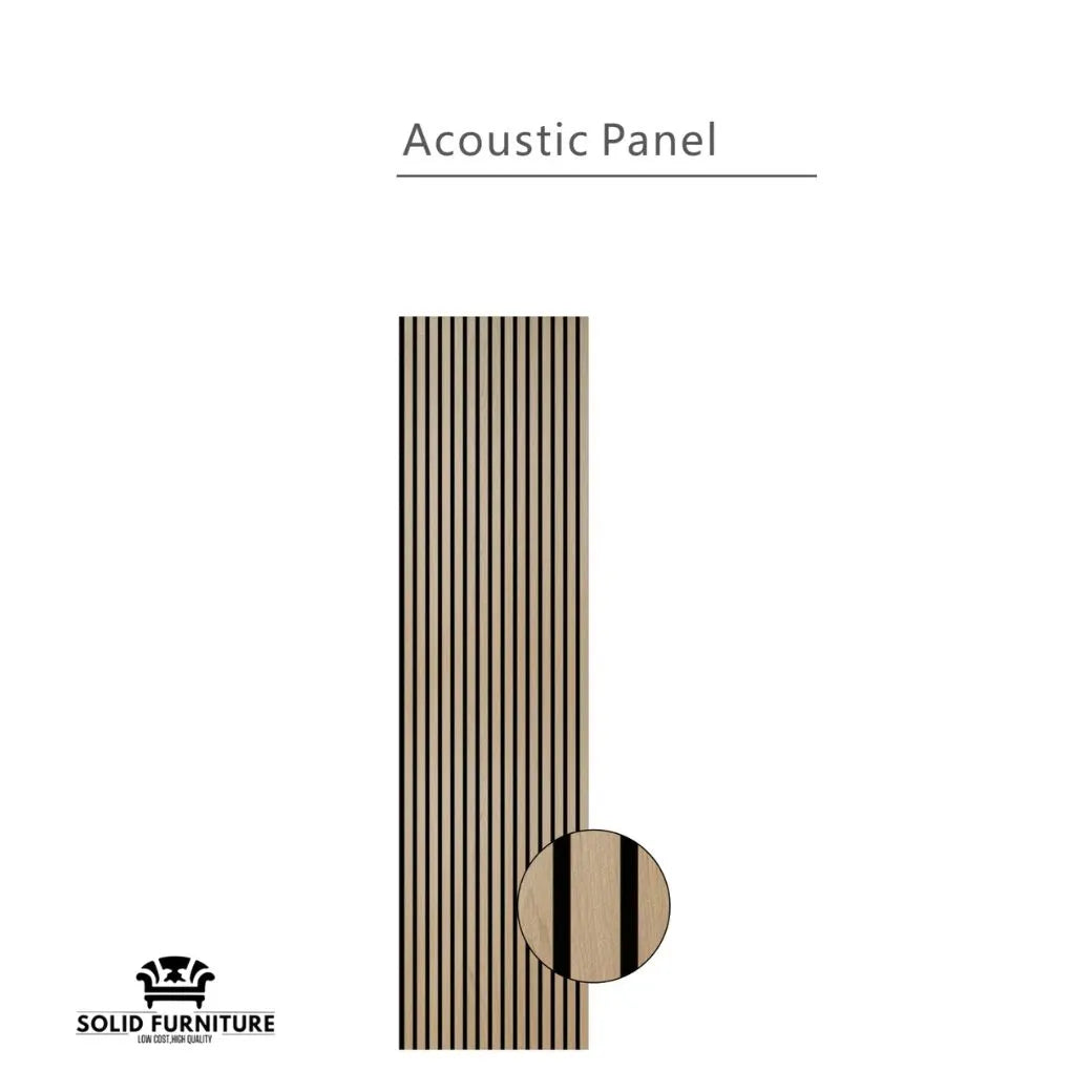 Light oak acoustic wall panel dimensions 60 x 240 cm with slat width, spacing, and depth specifications. Solid Furniture UK