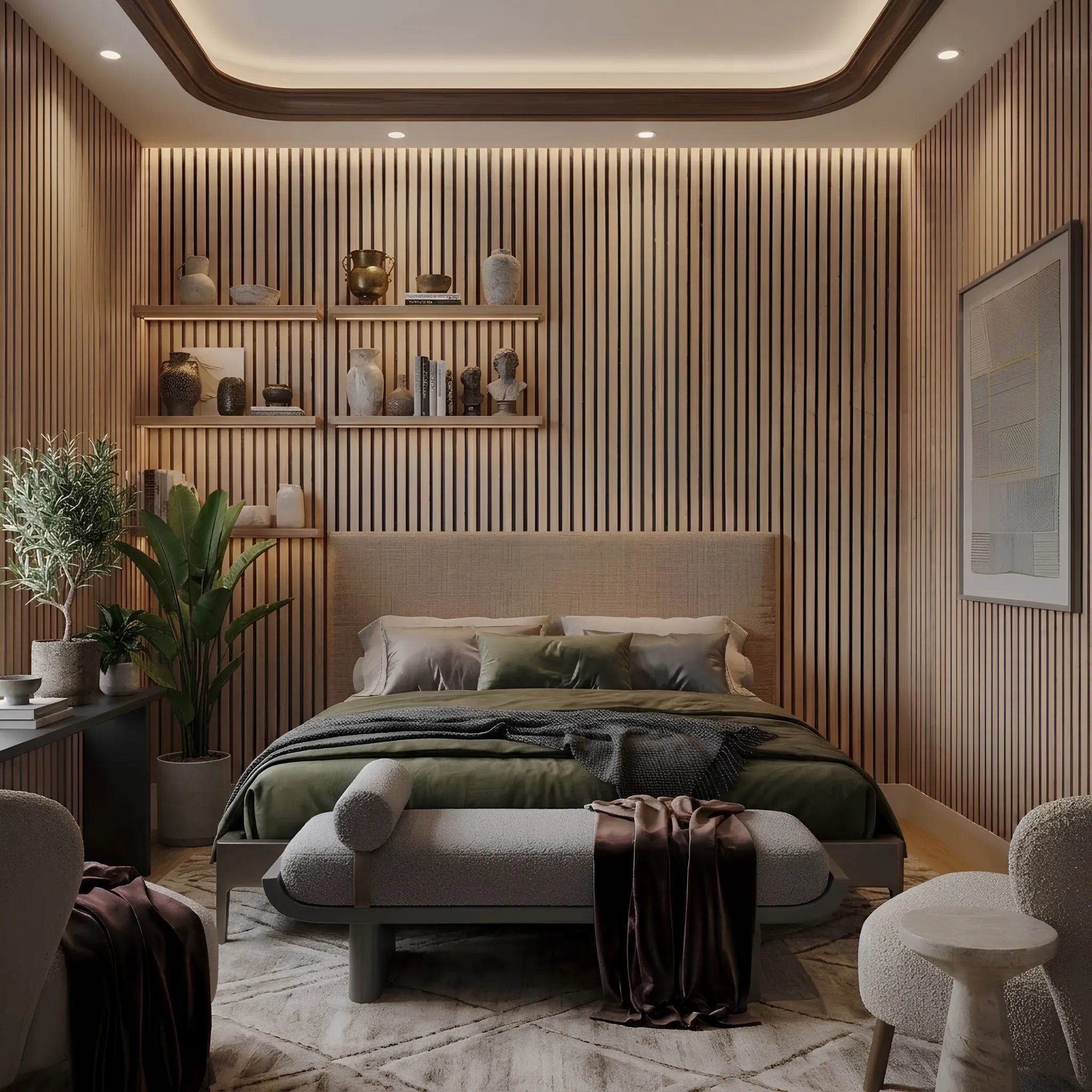Light Oak Acoustic Slatted Wall Panels 60 × 240 cm used as a bedroom feature wall – Solid Furniture UK